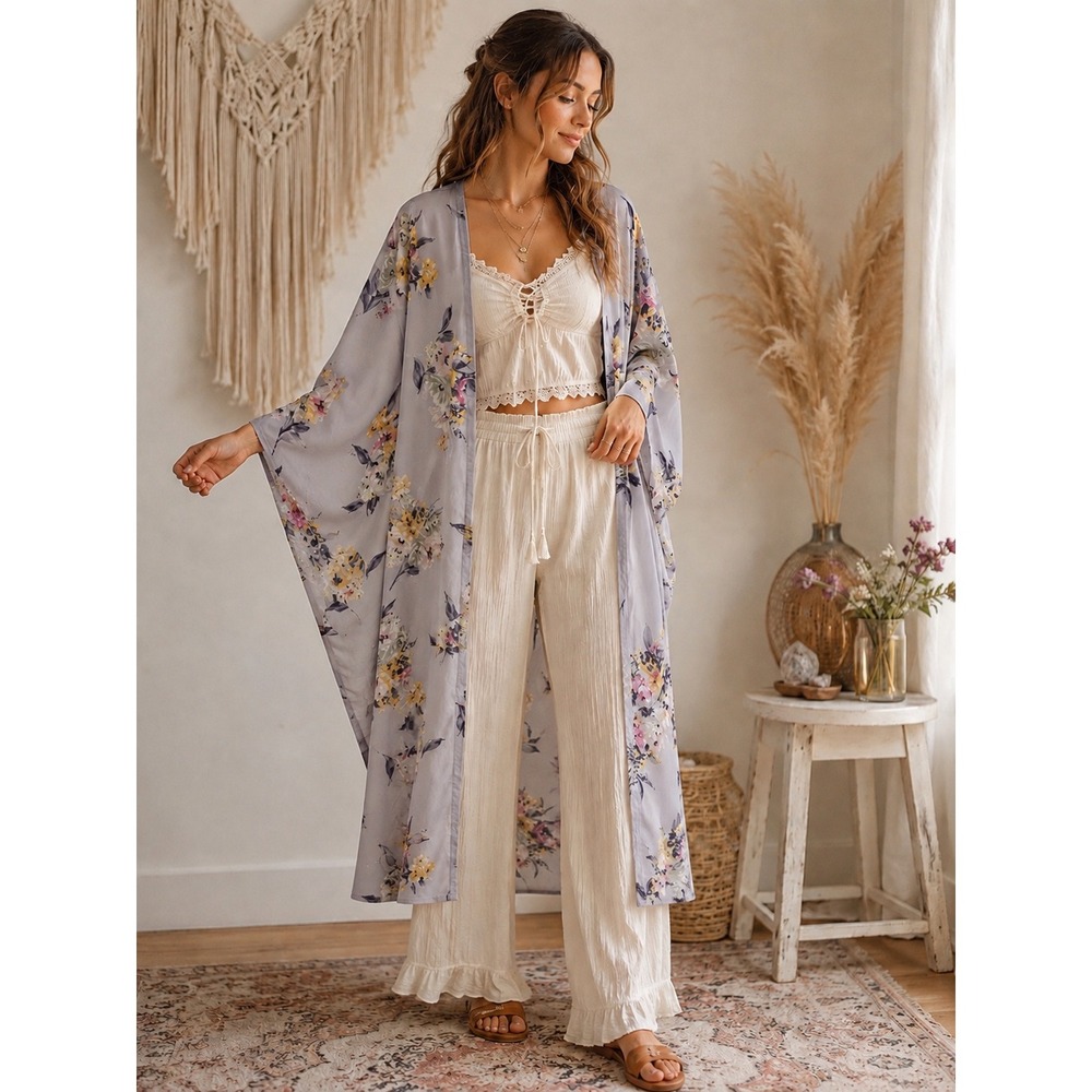 Floral Kimono Duster Cottagecore Light Blue Grey L Boho Coastal French Retro